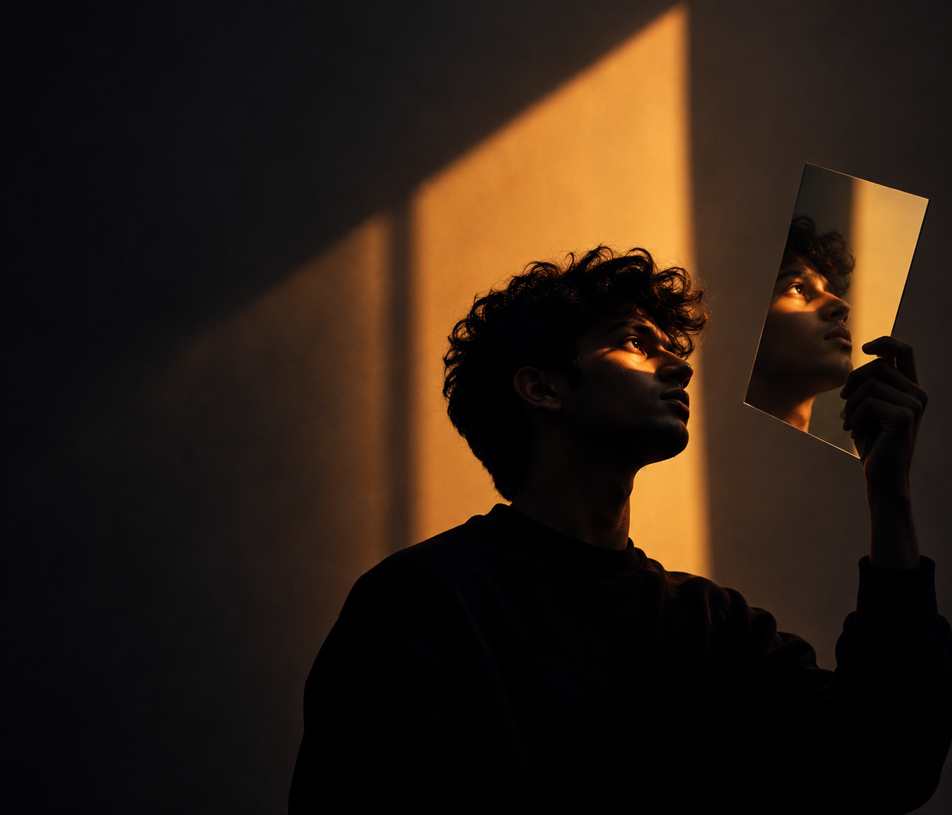 A portrait reflected in a handheld mirror lit by warm window light